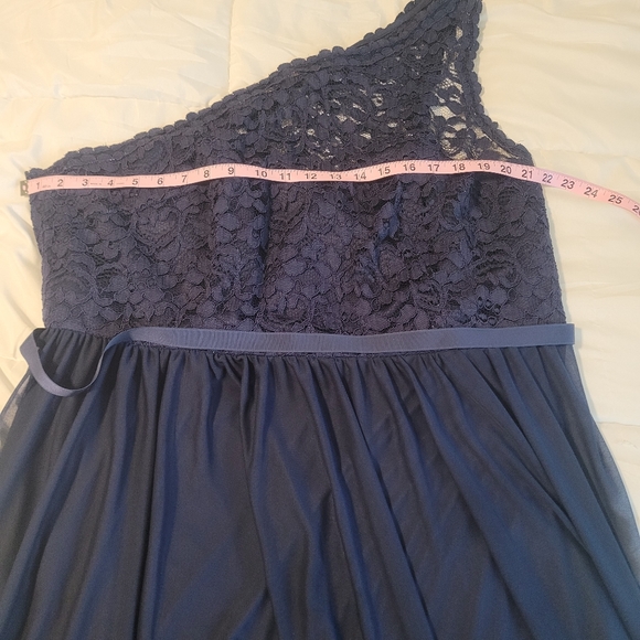 David's Bridal semi formal navy blue one shoulder dress. - Picture 14 of 15